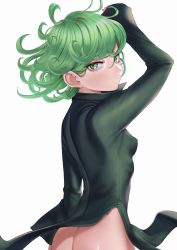Rule 34 | 1girl, absurdres, ass, breasts, covered erect nipples, curly hair, dress, green eyes, green hair, highres, looking at viewer, nanja, one-punch man, short hair, side slit, small breasts, solo, tatsumaki, white background