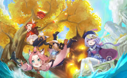 Rule 34 | 3girls, absurdres, ahoge, animal ear fluff, animal ears, backpack, bag, bead necklace, beads, blonde hair, blush, boots, braid, cat tail, cloud, cloudy sky, coin, coin hair ornament, diona (genshin impact), dress, explosion, fang, feathers, fish, full body, genshin impact, green eyes, hair between eyes, hair ornament, hat, hat feather, highres, jewelry, jumping, klee (genshin impact), knee boots, long hair, long sleeves, low twintails, mountain, multiple girls, necklace, open mouth, pink hair, pointy ears, purple eyes, purple hair, purple headwear, qingdai guanmao, qiqi (genshin impact), red dress, red eyes, red headwear, saliva, short hair, sky, sleeves past wrists, smile, sunlight, tail, talisman, thighhighs, tree, twintails, white feathers, white legwear, wide sleeves, xujiankao