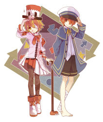 Rule 34 | 2boys, arrow (projectile), artificial eye, asymmetrical clothes, bandage over one eye, bandaged leg, bandages, bandaid, bandaid on face, bandaid on nose, barefoot, black pants, blonde hair, boots, brown eyes, cane, coat, cosplay, costume switch, fukase, fukase (cosplay), hair over one eye, hat, highres, male focus, mechanical eye, multiple boys, oliver (vocaloid), oliver (vocaloid) (cosplay), one eye covered, pants, red hair, ribbon, sailor collar, sailor hat, short hair, shorts, top hat, trait connection, vocaloid, yanco, yellow eyes