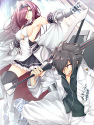 Rule 34 | 1boy, 1girl, armor, armpits, black shirt, black thighhighs, blue eyes, breasts, brown hair, center opening, cloak, closed mouth, cover, cover page, dress, eleanor (kujibiki tokushou: musou harem-ken), expressionless, eyes visible through hair, floating hair, gauntlets, greaves, grin, headpiece, highres, holding, holding sword, holding weapon, jacket, kujibiki tokushou: musou harem-ken, large breasts, long hair, long sleeves, looking at viewer, looking away, luna lia, nana kanou, novel cover, novel illustration, official art, outstretched arm, pants, petticoat, purple hair, shirt, sideboob, sleeveless, sleeveless dress, smile, squatting, sword, thighhighs, weapon, white cloak, white jacket, white pants, yuuki kakeru