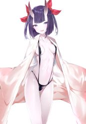 Rule 34 | 1girl, :d, absurdres, black one-piece swimsuit, blush, bow, breasts, collarbone, commentary request, covered erect nipples, fangs, fate/grand order, fate (series), gluteal fold, hair bow, head tilt, highres, horns, looking at viewer, medium breasts, navel, one-piece swimsuit, oni, open mouth, purple eyes, purple hair, red bow, short hair, shuten douji (fate), silver (chenwen), simple background, skin-covered horns, slingshot swimsuit, smile, solo, standing, swimsuit, thick eyebrows, white background