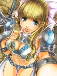 Rule 34 | 1girl, abs, armor, axe, bad id, bad pixiv id, blonde hair, blue eyes, blurry, brick wall, chain, chain belt, charlotte (fire emblem), depth of field, eyelashes, finger to mouth, fire emblem, fire emblem fates, highres, hime cut, lips, long hair, looking at viewer, looking up, midriff, nail polish, navel, ndurica, nintendo, pauldrons, reaching, reaching towards viewer, red nails, selfie, shoulder armor, sidelocks, solo, wavy hair, weapon, wide-eyed