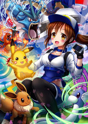 Rule 34 | 1girl, absurdres, baseball cap, black legwear, bluebird (bluebird90), blush, breasts, brown hair, cellphone, charizard, collarbone, commentary request, creatures (company), dratini, eevee, electricity, female protagonist (pokemon go), fingerless gloves, fire, flame-tipped tail, game freak, gen 1 pokemon, gloves, gyarados, happy, hat, highres, holding, holding phone, holding poke ball, legendary pokemon, long hair, nintendo, open mouth, orange eyes, phone, pikachu, poke ball, poke ball (basic), pokemon, pokemon (creature), pokemon go, ponytail, smile, snorlax, tongue
