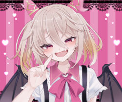Rule 34 | #compass, 1boy, :d, animal ears, bat wings, black wings, blush, fang, hand up, heart, index finger raised, light brown hair, medium hair, omio gnsn, open mouth, pink background, pink eyes, pink ribbon, ribbon, shirt, short sleeves, skin fang, smile, suspenders, trap, upper body, white shirt, wings