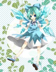 Rule 34 | 1girl, ahoge, aqua hair, blue eyes, bow, cirno, dress, female focus, full body, hair bow, ice, ice wings, mary janes, midorikoichi, open mouth, plant, polka dot, polka dot background, shoes, short hair, smile, solo, touhou, vines, white background, wings