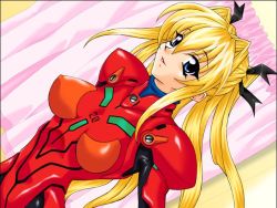 Rule 34 | 1girl, aethyr, breasts, breasts apart, cosplay, cowboy shot, female focus, from side, game cg, hair between eyes, neon genesis evangelion, non-web source, plugsuit, retro artstyle, skin tight, solo, souryuu asuka langley, souryuu asuka langley (cosplay), standing, two side up