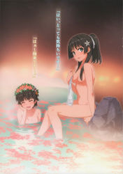 Rule 34 | 2girls, absurdres, bare arms, bare shoulders, black hair, blush, breasts, closed mouth, collarbone, completely nude, flower, hair ornament, head wreath, highres, isshi pyuma, long hair, looking at viewer, multiple girls, navel, nude, onsen, open mouth, partially submerged, saten ruiko, scan, simple background, sitting, small breasts, smile, steam, stomach, thighs, toaru kagaku no railgun, toaru majutsu no index, towel, translation request, uiharu kazari, water, white towel