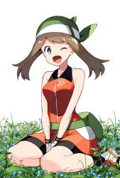 Rule 34 | 1girl, bad id, bad pixiv id, bandana, bare shoulders, between legs, bike shorts, black socks, blue eyes, blue flower, blush, breasts, brown hair, collarbone, creatures (company), dress, fanny pack, female focus, flower, game freak, gloves, grass, green headwear, hand between legs, happy, highres, jaggy lines, light blush, may (pokemon), medium breasts, nintendo, one eye closed, open mouth, orange dress, orange footwear, own hands together, pokemon, pokemon emerald, pokemon rse, shiny skin, shoes, simple background, sitting, smile, socks, solo, v arms, white background, white gloves, wink, yuihico