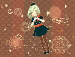 Rule 34 | 1girl, aircraft, airplane, asahi (pamuko), belt, blue hair, blush, closed eyes, crescent, dotted line, dress, flats, flight attendant, full body, garrison cap, gloves, hat, hatsune miku, neckerchief, own hands together, pantyhose, parted bangs, short hair, smile, solo, song name, star (symbol), striped, striped background, travel attendant, tricolore airline (vocaloid), vocaloid