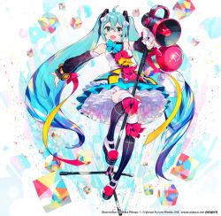 Rule 34 | 1girl, :d, ahoge, aqua hair, balloon, bow, commentary request, cube, detached sleeves, full body, green eyes, hair between eyes, hair ornament, hatsune miku, long hair, looking at viewer, magical mirai (vocaloid), magical mirai miku, magical mirai miku (2018), megaphone, microphone stand, mika pikazo, official art, open mouth, platform footwear, smile, solo, thighhighs, twintails, upskirt, very long hair, vocaloid, white background