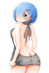 Rule 34 | 10s, 1girl, alternate costume, ass, back, backless dress, backless outfit, bare back, bare shoulders, blue eyes, blue hair, blush, breasts, butt crack, closed mouth, clothes pull, cowboy shot, dress, embarrassed, female focus, from behind, grey dress, grey ribbon, hair ornament, hair over one eye, hair ribbon, halterneck, legs together, looking at viewer, looking back, medium breasts, meme attire, mojinko, naked sweater, no bra, no panties, nose blush, pulled by self, re:zero kara hajimeru isekai seikatsu, rem (re:zero), ribbed sweater, ribbon, short hair, sideboob, simple background, solo, sweater, sweater dress, sweater pull, tail, turtleneck, turtleneck sweater, virgin killer sweater, white background, x hair ornament