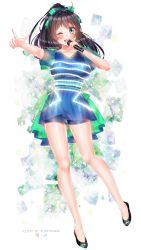 Rule 34 | 1girl, abe mikiko (rc f), black hair, blue dress, blue eyes, blue shorts, blush, borrowed character, breasts, collarbone, commission, dress, green dress, hair ribbon, highres, holding, holding microphone, idol, large breasts, long hair, looking at viewer, microphone, multicolored clothes, multicolored ribbon, music, one eye closed, original, puppypaww, ribbon, shoes, short shorts, short sleeves, shorts, shorts under dress, simple background, singing, solo