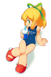 Rule 34 | 1girl, android, arm support, blonde hair, blue one-piece swimsuit, blush, capcom, clothes writing, collarbone, cup, drink, drinking, drinking straw, energy tank, green eyes, hair ribbon, highres, holding, long hair, looking at viewer, om (nk2007), one-piece swimsuit, ponytail, red footwear, ribbon, robot, mega man (series), mega man (classic), roll (mega man), school swimsuit, shoes, solo, swimsuit, white background