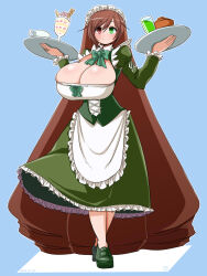 Rule 34 | 1girl, absurdly long hair, alternate breast size, alternate costume, apron, blue background, blush, bow, bowl, bowtie, breasts, brown hair, closed mouth, commentary request, crossed legs, cup, dated, dress, drill hair, enmaided, frilled apron, frilled dress, frills, full body, green bow, green bowtie, green dress, green eyes, green footwear, hair between eyes, heterochromia, highres, holding, holding tray, huge breasts, itini-sanshi, juice, long dress, long hair, looking at viewer, maid, maid headdress, medium bangs, parfait, plate, red eyes, rozen maiden, shoes, simple background, smile, solo, standing, suiseiseki, teacup, tray, twin drills, very long hair, wafer stick, waist apron, watson cross, white apron