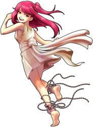 Rule 34 | 1girl, ankle cuffs, anklet, bad id, bad pixiv id, barefoot, chain, dress, full body, jewelry, long hair, looking back, magi the labyrinth of magic, morgiana, omi (pixiv1284626), red eyes, red hair, side ponytail, smile, soles, solo, transparent background, white dress
