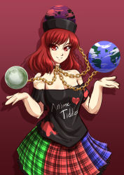 Rule 34 | &gt;:), 1girl, bare shoulders, black shirt, blue skirt, blush, breasts, chain, cleavage, clothes writing, collar, collarbone, cowboy shot, earth (ornament), green skirt, hecatia lapislazuli, looking at viewer, mazume, medium breasts, moon (ornament), multicolored clothes, multicolored skirt, off shoulder, red background, red eyes, red hair, red skirt, shirt, skirt, smile, solo, t-shirt, touhou, tsurime, v-shaped eyebrows