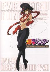 Rule 34 | 1990s (style), 1girl, bakuretsu hunters, boots, breast hold, breasts, chocolate misu, copyright name, cover, crossed arms, dominatrix, dvd cover, earrings, full body, gloves, gotou keiji, hat, high heels, jewelry, knee boots, kuroda kazuya, legs, logo, long hair, medium breasts, midriff, official art, pants, peaked cap, red hair, retro artstyle, scan, shoes, smile, solo, thighs, vest