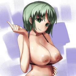 Rule 34 | 1girl, bra, breasts, covered erect nipples, female focus, green eyes, green hair, hand on own hip, head tilt, hip focus, hyuminone, large breasts, matching hair/eyes, nipples, pointing, short hair, smile, solo, underwear