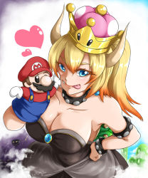 Rule 34 | 1girl, :p, armlet, artist name, bare shoulders, blonde hair, blue eyes, borrowed character, bowsette, bracelet, breasts, character doll, collar, collarbone, crown, dress, earrings, fang, gem, gradient hair, hand on own hip, heart, highres, horns, jewelry, koopa clown car, large breasts, lips, lolita majin, long hair, mario, mario (series), multicolored hair, new super mario bros. u deluxe, nintendo, orange hair, puppet, smile, solo, spiked bracelet, spiked collar, spikes, strapless, strapless dress, super crown, tongue, tongue out, turtle shell