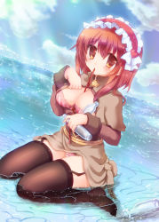 Rule 34 | 1girl, acolyte (ragnarok online), bad id, bad pixiv id, black thighhighs, blush, bottle, bra, breasts, cleavage, garter belt, headdress, hizukiryou, large breasts, mouth hold, ocean, open clothes, panties, partially submerged, ragnarok online, red eyes, ribbon, sitting, solo, striped bra, striped clothes, thighhighs, underwear, wariza, water, wet, wet clothes