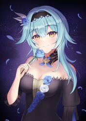 Rule 34 | 1girl, absurdres, bare shoulders, black dress, black hairband, blue flower, blue hair, blue rose, breasts, cleavage, commentary, detached collar, dress, eula (genshin impact), flower, genshin impact, hair flower, hair ornament, hairband, hand up, highres, holding, holding flower, long hair, looking at viewer, medium breasts, off-shoulder dress, off shoulder, official alternate costume, rose, smile, solo, upper body, xaphixu, yellow eyes