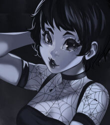 Rule 34 | 1girl, absurdres, black background, black dress, black eyes, black hair, black lips, dress, greyscale, highres, indie virtual youtuber, looking at viewer, monochrome, parted lips, portrait, pumpkin potion, short hair, smile, solo, suliavtuber, virtual youtuber