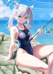 Rule 34 | 1girl, absurdres, animal ear fluff, animal ears, black one-piece swimsuit, blue archive, blue eyes, blue sky, breasts, cloud, commentary request, competition swimsuit, covered navel, cowboy shot, cross hair ornament, day, extra ears, fishing rod, grey hair, hair ornament, halo, highleg, highleg swimsuit, highres, horizon, kagura hiromu, low ponytail, medium breasts, medium hair, mismatched pupils, multicolored clothes, multicolored swimsuit, ocean, one-piece swimsuit, outdoors, rock, shiroko (blue archive), shiroko (swimsuit) (blue archive), sitting, sky, solo, swimsuit