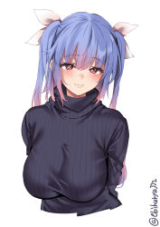 Rule 34 | 1girl, :3, arms behind back, black sweater, blue hair, bow, breasts, ebifurya, hair between eyes, hair bow, highres, i-19 (kancolle), kantai collection, large breasts, looking at viewer, multicolored hair, pink hair, purple eyes, simple background, star-shaped pupils, star (symbol), sweater, symbol-shaped pupils, twintails, twitter username, upper body, white background