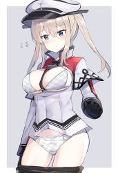 Rule 34 | 1girl, between breasts, black gloves, black pantyhose, blonde hair, border, bra, breasts, capelet, celtic knot, checkered bra, checkered clothes, checkered panties, clothes pull, commentary request, cowboy shot, gloves, graf zeppelin (kancolle), grey background, grey eyes, hair between eyes, hat, highres, kantai collection, large breasts, meme, military, military hat, military uniform, necktie, necktie between breasts, no pants, nonon (xenonbot), open mouth, panties, pantyhose, pantyhose pull, peaked cap, sidelocks, solo, standing, twintails, two-tone background, underwear, uniform, white border