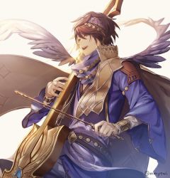 Rule 34 | brown eyes, brown hair, cape, elta (granblue fantasy), granblue fantasy, hairband, instrument, jewelry, male focus, mmytwi, open mouth, scarf, short hair, smile, solo