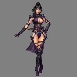 Rule 34 | 1girl, 3d, black hair, boots, breasts, cleavage, cleavage cutout, clothing cutout, crossed legs, elbow gloves, gloves, grey background, hand on own hip, high heels, large breasts, sheelagh, short hair, simple background, solo, standing, thigh boots, thighhighs, trinity souls of zill o&#039;ll, zill o&#039;ll