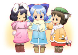 Rule 34 | 3girls, :3, aged down, animal ears, blush, boots, cat ears, cat girl, cat tail, chen, chibi, child, cirno, coat, earrings, female focus, hat, inaba tewi, jewelry, multiple girls, ogu (oguogu), pantyhose, rabbit ears, scarf, tail, touhou, wings, winter clothes