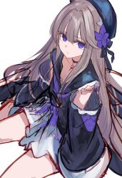 Rule 34 | 1girl, beret, black hat, brown hair, choker, closed mouth, clothing cutout, doll joints, dress, flower, hair flower, hair ornament, hat, hat flower, herta (honkai: star rail), highres, honkai: star rail, honkai (series), jazztaki, jewelry, joints, key, key necklace, long hair, long sleeves, looking at viewer, neckerchief, necklace, puppet, purple choker, purple eyes, purple flower, purple neckerchief, shoulder cutout, simple background, solo, very long hair, white dress