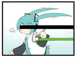 Rule 34 | 1girl, aqua hair, aqua necktie, art brush, bar censor, bare shoulders, black border, black sleeves, border, censored, commentary, covered eyes, detached sleeves, expressionless, facing viewer, floating hair, fourth wall, gradient background, hair ornament, hatsune miku, headphones, hokorima, holding, holding paintbrush, identity censor, issen kounen (vocaloid), long hair, motion lines, necktie, paintbrush, painting (object), running, shirt, shoulder tattoo, sleeveless, sleeveless shirt, solo, songover, tattoo, tokumei m (vocaloid), twintails, very long hair, vocaloid, white shirt