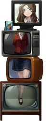 Rule 34 | 1girl, arms behind back, black footwear, black skirt, blue eyes, cd case, closed mouth, crt, full body, hair ornament, hairclip, highres, jacket, long hair, looking at viewer, monitor, official art, red jacket, reverse:1999, shoes, skirt, smile, socks, solo, stack, standing, tachi-e, third-party source, transparent background, ttt (reverse:1999), white socks
