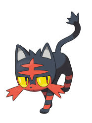 Rule 34 | 10s, :&lt;, absurdres, cat, closed mouth, colored sclera, creatures (company), full body, game freak, gen 7 pokemon, highres, litten, nintendo, no humans, official art, pointy ears, pokemon, pokemon (creature), pokemon sm, red eyes, simple background, white background, yellow sclera