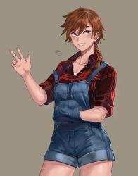 Rule 34 | 1girl, blue eyes, braid, brown hair, cowboy shot, freckles, green background, hair between eyes, hand in pocket, highres, hunyan, looking at viewer, original, overall shorts, overalls, plaid, plaid shirt, shirt, sign, sleeves rolled up, smile, solo, unbuttoned, v
