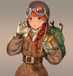 Rule 34 | 1girl, absurdres, backpack, bag, belt, braid, damiaodi, earrings, gloves, goggles, goggles on head, green eyes, hair over shoulder, hat, highres, jewelry, long hair, looking at viewer, orange hair, parted lips, pilot suit, single braid, solo, stud earrings, wrench, zipper, zipper pull tab
