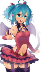 Rule 34 | 1girl, ahoge, alternate hair length, alternate hairstyle, aqua eyes, aqua hair, bare shoulders, bat wings, belt, black thighhighs, bow, breasts, bridal gauntlets, clothing cutout, demon tail, flat chest, frilled skirt, frills, hair bow, hatsune miku, headphones, heart hunter, magister, miniskirt, navel cutout, project diva, project diva (series), short twintails, skirt, small breasts, smile, solo, tail, thighhighs, twintails, vocaloid, wide hips, wings