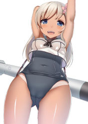 Rule 34 | 10s, 1girl, arm up, arms behind head, blonde hair, blue eyes, cowboy shot, crop top, flower, from below, gluteal fold, gray swimsuit, hair flower, hair ornament, kantai collection, long hair, one-piece tan, ordeal, ro-500 (kancolle), school swimsuit, simple background, solo, standing, swimsuit, swimsuit under clothes, tan, tanline, thighs, torpedo, tsukimizu (ordeal), white background