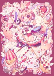 Rule 34 | 1girl, animal ears, asymmetrical legwear, bow, bowtie, commentary, cup, holding, holding spoon, holding staff, hyou (pixiv3677917), mismatched legwear, open mouth, original, pink background, pink eyes, pink hair, rabbit ears, shoes, short hair, smile, spoon, staff, symbol-only commentary, wings