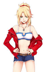 Rule 34 | 1girl, :d, belt, blonde hair, blue shorts, bra, breasts, cleavage, collarbone, cowboy shot, fang, fate/apocrypha, fate (series), gemi 25, green eyes, hair ornament, hair scrunchie, hands on own hips, high ponytail, highres, jacket, jewelry, long hair, looking at viewer, medium breasts, mordred (fate), mordred (fate/apocrypha), mordred (memories at trifas) (fate), navel, necklace, open clothes, open jacket, open mouth, red jacket, red scrunchie, scrunchie, short shorts, shorts, simple background, smile, solo, standing, stomach, torn clothes, torn shorts, underwear, white background, white bra