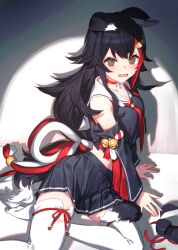 Rule 34 | 1girl, animal ear fluff, animal ears, arm support, bell, black eyes, black hair, black shirt, breasts, choker, crop top, detached sleeves, ears down, hair ornament, hairclip, hololive, izumi sai, jingle bell, long hair, looking at viewer, medium breasts, midriff, multicolored hair, necktie, no shoes, okobo, ookami mio, ookami mio (1st costume), open mouth, raised eyebrows, red necktie, ringed eyes, sailor collar, sandals, unworn sandals, shadow, shirt, sitting, sleeveless, sleeveless shirt, solo, streaked hair, tail, thighhighs, virtual youtuber, wavy mouth, white thighhighs, wolf ears, wolf girl, wolf tail, yokozuwari, zettai ryouiki
