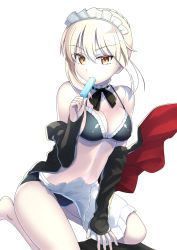 Rule 34 | 1girl, apron, artoria pendragon (all), artoria pendragon (alter swimsuit rider) (fate), artoria pendragon (alter swimsuit rider) (second ascension) (fate), artoria pendragon (fate), bare shoulders, bikini, black bikini, black thighhighs, blonde hair, breasts, commentary request, eating, fate/grand order, fate (series), food, frills, highres, jacket, kneeling, looking at viewer, maid, maid bikini, maid headdress, medium breasts, oyaji-sou, pale skin, popsicle, saber alter, short hair, simple background, solo, swimsuit, thighhighs, unconventional maid, white background, yellow eyes