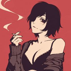 Rule 34 | 1girl, black bra, black eyes, black hair, blush, bra, breasts, chainsaw man, cigarette, cleavage, closed mouth, collarbone, commentary, english commentary, eyelashes, eyepatch, himeno (chainsaw man), jacket, lace, lace-trimmed bra, lace trim, long sleeves, looking at viewer, medium breasts, moshimoshibe, off shoulder, one eye covered, open clothes, open jacket, red background, short hair, simple background, smile, smoke, smoking, solo, underwear, upper body