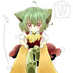 Rule 34 | !, 1girl, ahoge, animal ears, animal hands, ascot, bell, blush, cat ears, cat girl, chibi, child, cocoa (artist), dress, female focus, green hair, holding up, kazami yuuka, kemonomimi mode, paw shoes, red dress, red eyes, shii (cocoa), shoes, short hair, solo, touhou