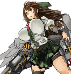 Rule 34 | 1girl, adapted costume, alternate weapon, arm cannon, bird wings, black thighhighs, bow, breasts, brown hair, feathered wings, green bow, green skirt, hair bow, huge breasts, long hair, miniskirt, open mouth, perky breasts, pleated skirt, puffy short sleeves, puffy sleeves, red eyes, reiuji utsuho, sachito, short sleeves, simple background, single thighhigh, skirt, solo, thick thighs, thigh strap, thighhighs, thighs, third eye, touhou, weapon, white background, wings, zettai ryouiki