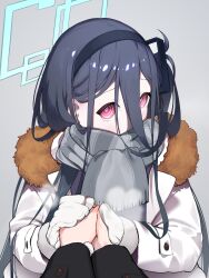 Rule 34 | &lt;key&gt; (blue archive), 1girl, absurdres, alternate costume, black hair, black hairband, blue archive, coat, commentary, english commentary, fur-trimmed coat, fur trim, gloves, green halo, grey background, grey scarf, hair between eyes, hairband, halo, highres, holding hands, long bangs, long hair, long sleeves, looking at viewer, n sol, own hands together, pink eyes, pov, pov hands, ringed eyes, scarf, side ponytail, simple background, solo focus, upper body, white coat, white gloves, winter clothes, winter coat
