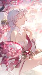 Rule 34 | 1girl, absurdres, breasts, character request, cherry blossoms, cleavage, closed eyes, detached collar, dlgeria, eyeshadow, fingernails, from side, grey hair, highres, japanese clothes, kimono, makeup, medium breasts, off shoulder, onmyoji, parted lips, pink theme, red eyeshadow, sitting, solo, white kimono