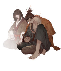 Rule 34 | absurdres, amputee, androgynous, barefoot, black hair, black pants, black shirt, blunt bangs, brown kimono, closed eyes, closed mouth, coat, collarbone, commentary request, dagger, face down, facial hair, ghost, hands on lap, highres, holding, japanese clothes, kimono, knee up, knife, kuro the divine heir, layered sleeves, long sleeves, male focus, medium hair, multiple boys, orange coat, pants, pectorals, pleated pants, red ribbon, ribbon, seiza, sekiro, sekiro: shadows die twice, shirt, short hair, side-by-side, simple background, sitting, spoilers, topknot, vetania, weapon, white background, white kimono, wide sleeves, wood
